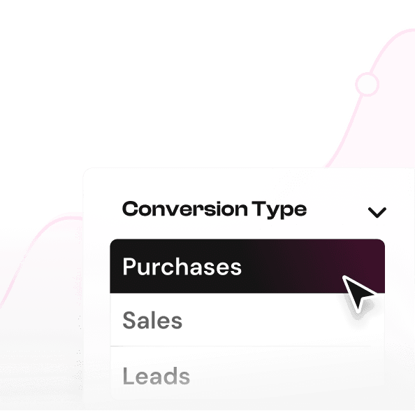 Conversion Type dropdown with Purchases highlighted; Sales and Leads listed below.